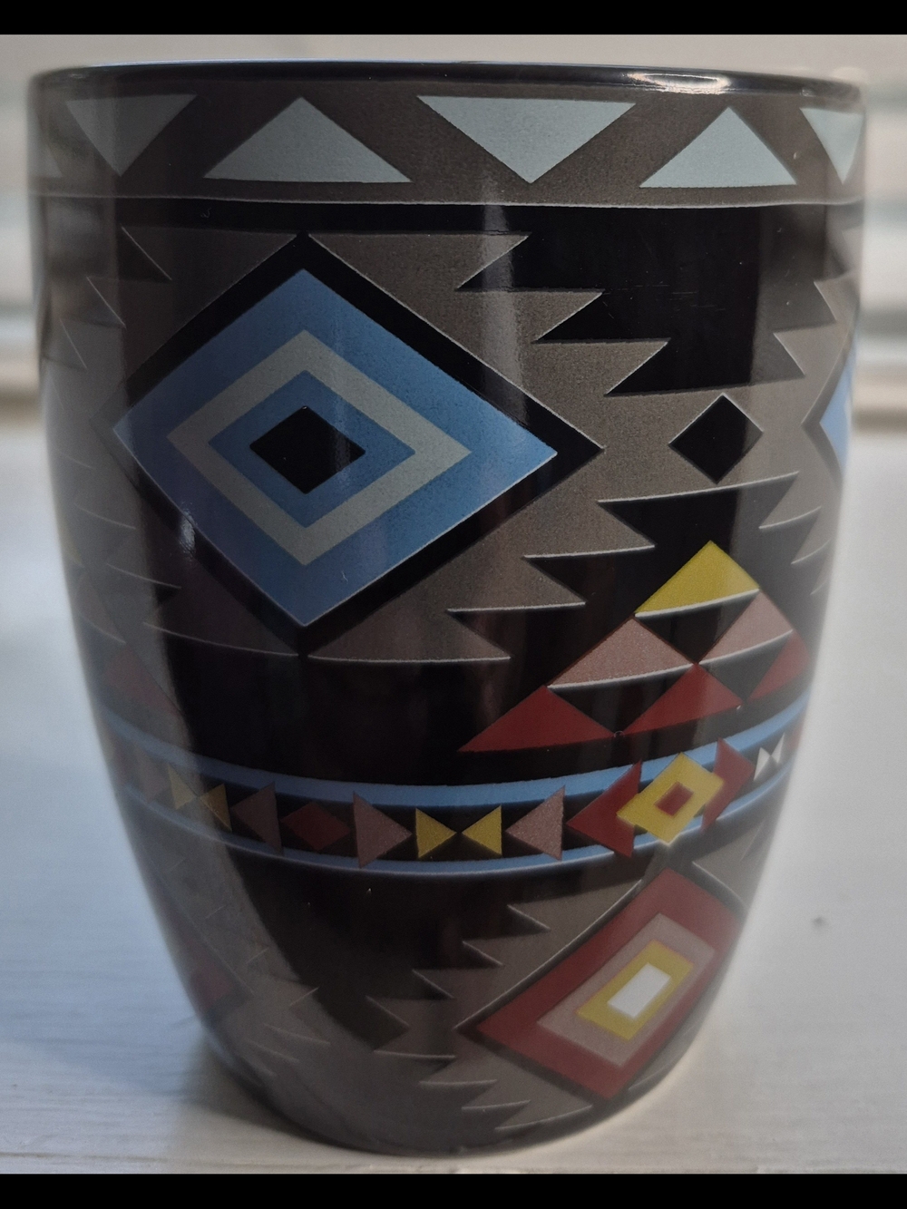 Black Geometric Aztec Pattern Ceramic Mug - Blue & Red Accent - Picture 7 of 11